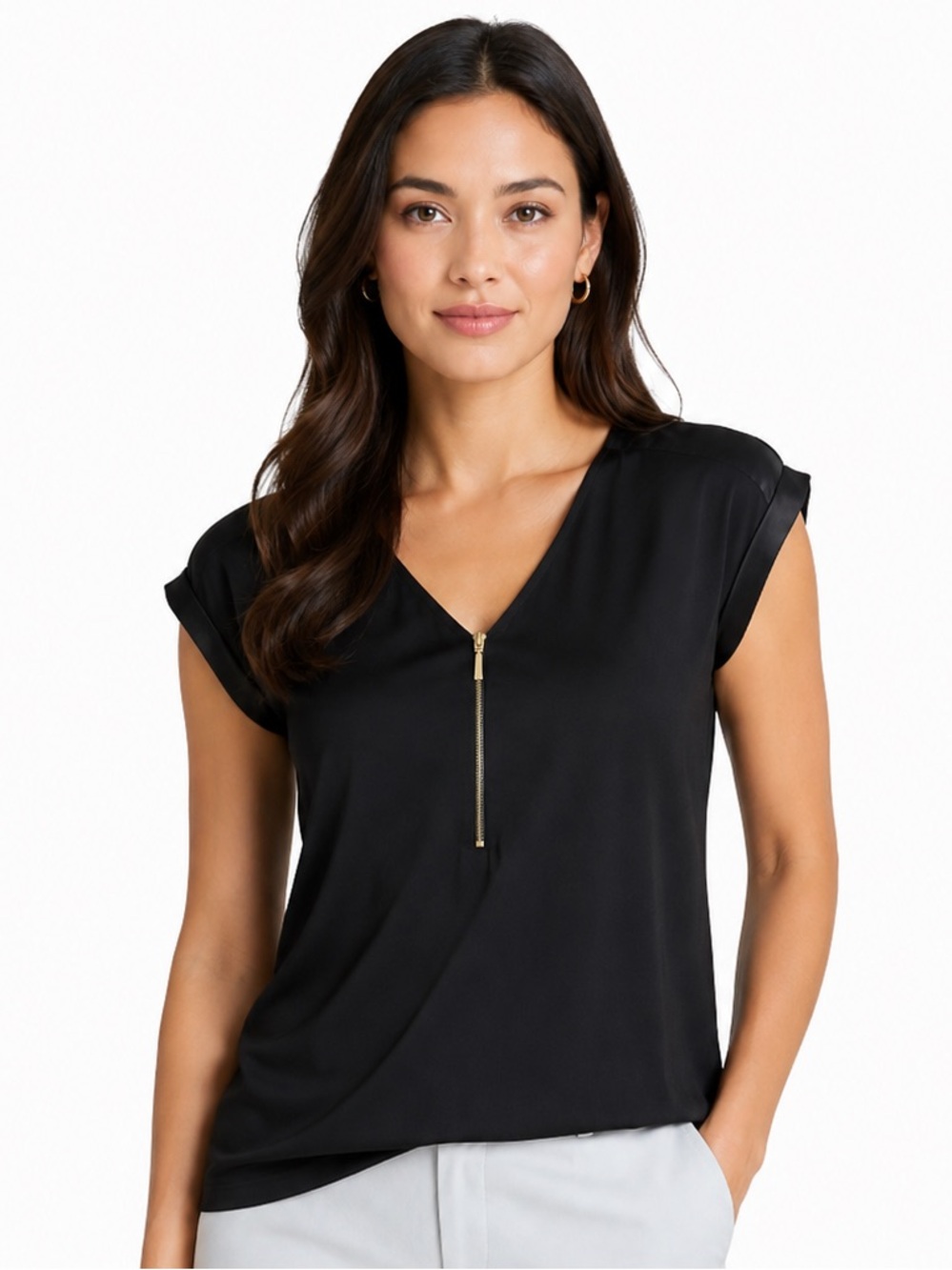 Express Black V-Neck Zip Cap Sleeve Blouse Size XS